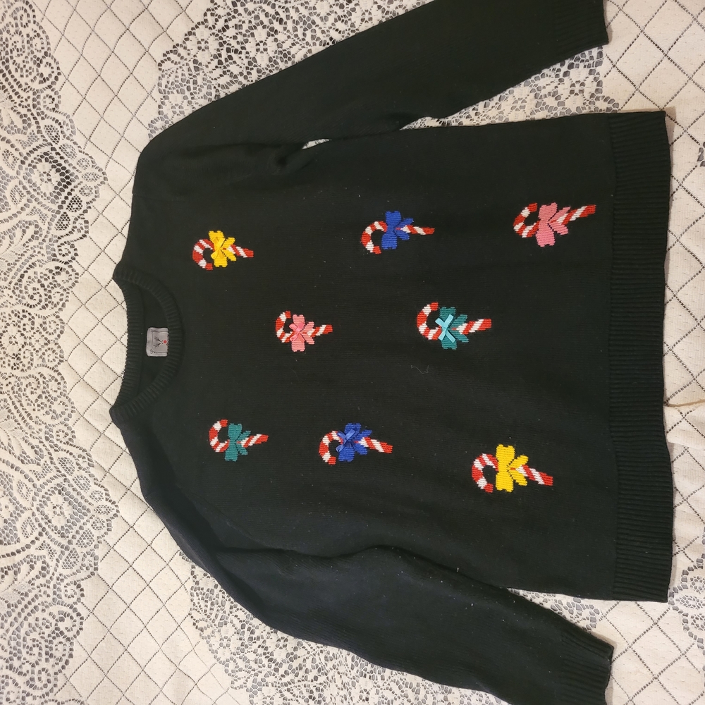 Festive Black Sweater with Candy Cane Design